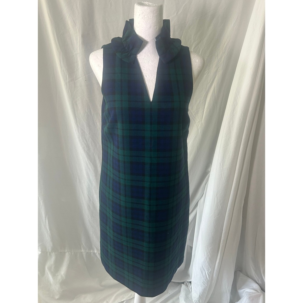Vineyard Vines Black Watch Plaid Ruffle Neck Shift Dress Green Navy Size 0